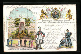 Lithographie Augsburg, 200jähriges Jubiläum Des Kgl. Bayer. 3. Infanterie-Regiments Prinz Karl Von Bayern, Denkmal  - Regimente