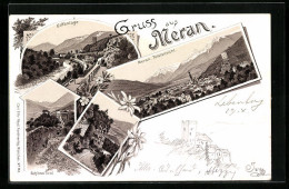 Lithographie Meran, Gilfanlage, Totalansicht, Schloss Tirol, Zenoburg  - Sonstige & Ohne Zuordnung