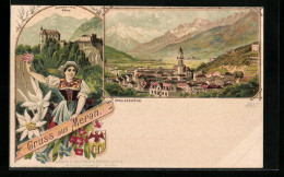 Lithographie Meran, Schloss Tirol, Totalansicht, Trachten  - Autres & Non Classés