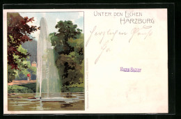 Lithographie Harzburg, Unter Den Eichen, Wasserspiel  - Bad Harzburg
