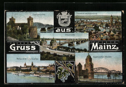 AK Mainz, Kaiserbrücke, Eisenbahnbrücke, Stadthalle Und Dom  - Mainz