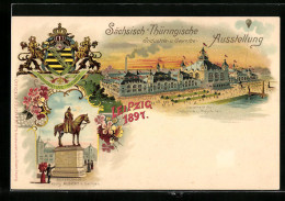 Lithographie Leipzig, Sächs.-Thür. Industrie- Und Gewerbe-Ausstellung 1897, Haupthalle, Wappen, Reiterstandbild  - Ausstellungen