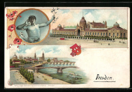 Lithographie Dresden, Ausstellungshalle, Stadtansicht, Stadtwappen  - Expositions
