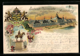 Lithographie Leipzig, Sächs.-Thür. Industrie- Und Gewerbe-Ausstellung 1897, Haupthalle, Stadtwappen, Reiterstandbild  - Exhibitions