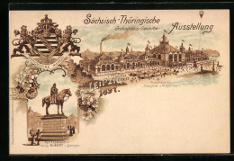 Lithographie Leipzig, Sächs.-Thür. Industrie- Und Gewerbe-Ausstellung 1897, Haupthalle, Reiterstandbild, Wappen  - Expositions