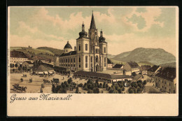 Lithographie Mariazell, Blick Auf Die Kirche Mit Kutschen Und Bergkulisse  - Altri & Non Classificati