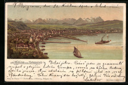 Lithographie Bregenz I. B., Blick Auf Den Ort Mit Hafen, Dampfer, Boote Und Bergpanorama  - Autres & Non Classés