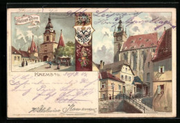 Lithographie Krems A. D. Donau, Steiner Thor Und Treppenaufgang Zur Kirche, Wappen  - Autres & Non Classés
