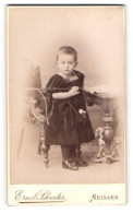 Fotografie Ernst Schroeter, Meissen, Obergasse 597, Kind Im Samtkleid Mit Einem Spielzeugpferd  - Anonieme Personen