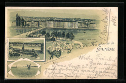 Lithographie Genéve, Panorama Et Le Jura, La Place Des Alpes, Barque Du Lac  - Autres & Non Classés