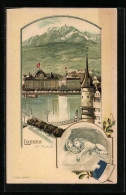 Präge-Lithographie Luzern, Uferpartie Mit Pilatus, Löwendenkmal  - Luzern