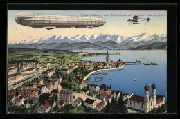 Künstler-AK Friedrichshafen /Bodensee, Neue Uferstrasse Mit Luftschiff Und Wasserflugzeug  - Dirigibili