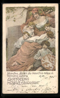 Lithographie Ústredni Matici Skolské, Mnoho Stesti Do Nového Roku A Mnohu Zdaru, Frau Und Kinder, Jugendstil  - Autres & Non Classés