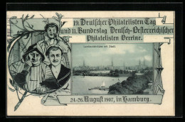 AK Hamburg-Neustadt, XIX. Deutscher Philatelisten Tag 1907, Lombardsbrücke Mit Stadt  - Timbres (représentations)