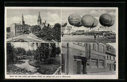 AK Bitterfeld, Ballonwettfliegen, Gaststätte Goldene Kugel, Rathaus Und Stadtkirche  - Montgolfières