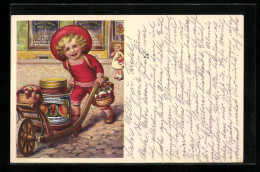 Künstler-AK Reklame Für Bourzutschkys Konfitüre, Kind Fährt Riesiges Konfitüreglas In Einer Schubkarre  - Werbepostkarten