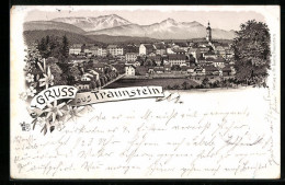 Lithographie Traunstein, Ortsansicht Mit Bergkulisse Aus Der Vogelschau  - Traunstein