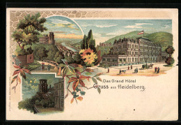 Lithographie Heidelberg, Grand Hotel, Ortsansicht Mit Burg  - Heidelberg