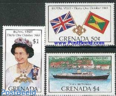 Grenada 1985 Queen Visit 3v, Mint NH, History - Transport - Flags - Kings & Queens (Royalty) - Ships And Boats - Familles Royales