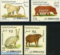 Somalia 1989 Animals 4v, Mint NH, Nature - Animals (others & Mixed) - Hippopotamus - Monkeys - Rabbits / Hares - Somalia (1960-...)