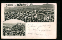 Lithographie Badenweiler, Ortsansicht Aus Der Vogelschau, Teilansicht Mit Ruine  - Badenweiler