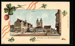 Lithographie Wittenberg, Partie Am Markt Mit Strassenbahn, Glücksklee  - Wittenberg