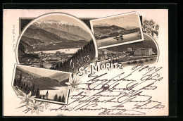Lithographie St. Moritz, Dorfansicht U. Evgl. Kirche, Teilansicht Von See, Badstrasse  - Andere & Zonder Classificatie