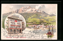 Lithographie Luzern, Hotel Weisses Kreuz, Panorama  - Luzern