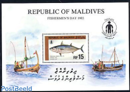 Maldives 1985 Fishing Day S/s, Mint NH, Nature - Transport - Fish - Fishing - Ships And Boats - Fishes