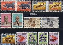 Congo (Kinshasa) 1964 Overprints 13v, Mint NH, Nature - Various - Animals (others & Mixed) - Flowers & Plants - Maps - Geografia