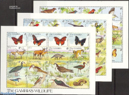 Gambia 1991 Animals 3x16v M/s (3 Sheets), Mint NH, Nature - Animals (others & Mixed) - Birds - Butterflies - Elephants.. - Gambia (...-1964)