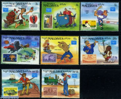 Maldives 1986 Ameripex, Disney 8v, Mint NH, Sport - Transport - Baseball - Stamps On Stamps - Railways - Ships And Boa.. - Base-Ball