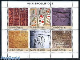 Guinea Bissau 2003 Hieroglyphs 6v M/s, Mint NH, History - Nature - Archaeology - Birds - Art - Handwriting And Autogra.. - Archaeology