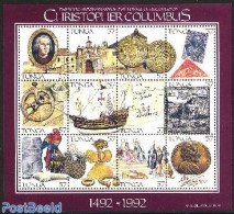 Tonga 1992 Discovery Of America 12v M/s, Mint NH, History - Nature - Science - Transport - Various - Explorers - Birds.. - Onderzoekers