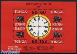 Tonga 1997 Year Of The Ox S/s, Mint NH, Nature - Various - Animals (others & Mixed) - New Year - Art - Clocks - Nouvel An