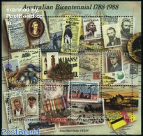 Tonga 1988 200 Years Australia 12v M/s, Mint NH, History - Transport - Explorers - Stamps On Stamps - Railways - Explorateurs