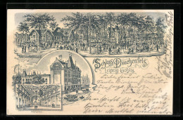 Lithographie Leipzig-Gohlis, Schloss Drachenfels, Gartenansicht, Festsaal, Pferdebahn  - Leipzig