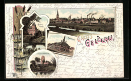 Lithographie Geldern, Windmühlenturm, Schloss Geldern, Schilf & Seerosen  - Geldern