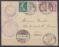 L. Mairie De Thann Affr. N°107 + 2x108 + 137 Càd THANN /11-2-1915/ ALSACE Pour PARIS - Càpt "BITSCHWEILER /11.2.15/ (KR. - 1900-29 Blanc