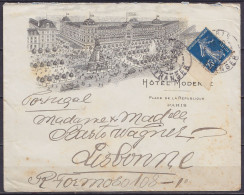 L. "Hôtel Moderne" Affr. N°140 (Semeuse) Càd "PARIS /1-7-1910/ ETRANGER" Pour LISBONNE (au Dos: Càd LISBOA CENTRAL - Peu - 1906-38 Säerin, Untergrund Glatt