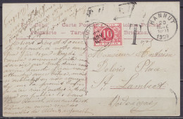 CP "Bonne Fête" Non-affranchie Càd HANNUT /20 NOVE 1909 Pour Et Taxée 10c à JODOIGNE - 2x Marque Boîte Auxiliaire ([PJ]  - Storia Postale