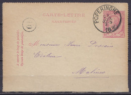 Carte-lettre 10c Rose (N°46) Càd POPERINGHE /23 JUIL 1890 Pour MALINES (au Dos: Càd MALINES (STATION)) - Letter-Cards