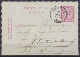Carte-lettre 10c Rose (N°46) Càd OUGREE /7 NOVE 1893 Pour HOLLOGNE-AUX-PIERRES Réexpédiée Au Château De Marneffe Par Huc - Postbladen