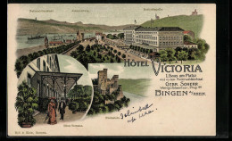 Lithographie Bingen A./Rhein, Hotel Victoria, National-Denkmal, Rheinstein  - Bingen