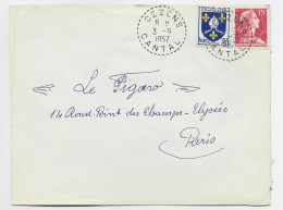 FRANCE MULLER 15FR+ 5FR BLASON  LETTRE  MANQUE UN RABAT C. PERLE  CEZENS 3.9.1957 CANTAL - Manual Postmarks