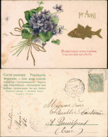 Ansichtskarte  1. April Scherzkarte Fisch & Blumen Motiv 1908 Goldrand - Paintings