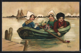 Künstler-AK Florence Hardy: Drei Mädchen Mit Blumen Auf Einem Ruderboot  - Hardy, Florence