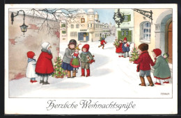 Künstler-AK Pauli Ebner: Weihnachtsgruss - Kinder Mit Tannenbäumchen  - Ebner, Pauli