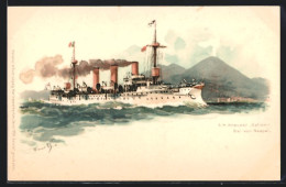 Künstler-AK Hans Bohrdt: Das Kriegsschiff S. M. Kreuzer Gefion, Bai Von Neapel  - Warships