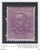REGNO  VARIETA':  1928  VITTORIO  EMAN. III°  -  50 C. VIOLETTO  N. -  SASS. 225 A - Mint/hinged